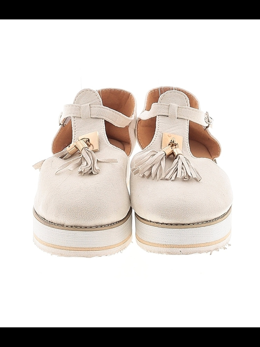 T-Strap Tassel Platform Sandals in Light Beige